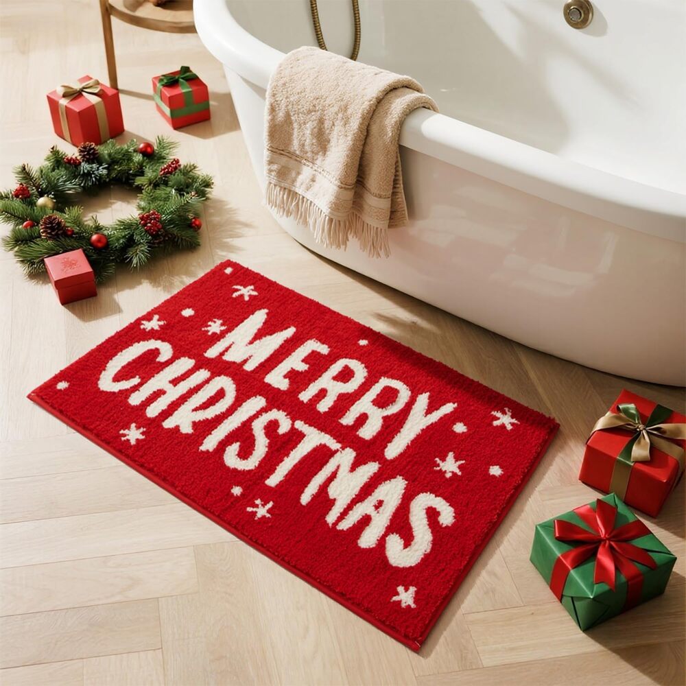 TYUU Christmas Bathroom Rug Merry Christmas Red Non-Slip Washable 20" x 30"